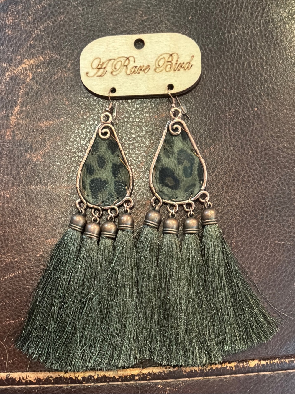 A Rare Bird Olive Green Tassel with Inlaid Leopard Teardrop Statement Earrings